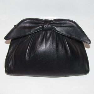 Elegant Vintage Black Leather Bow Clutch, EUC